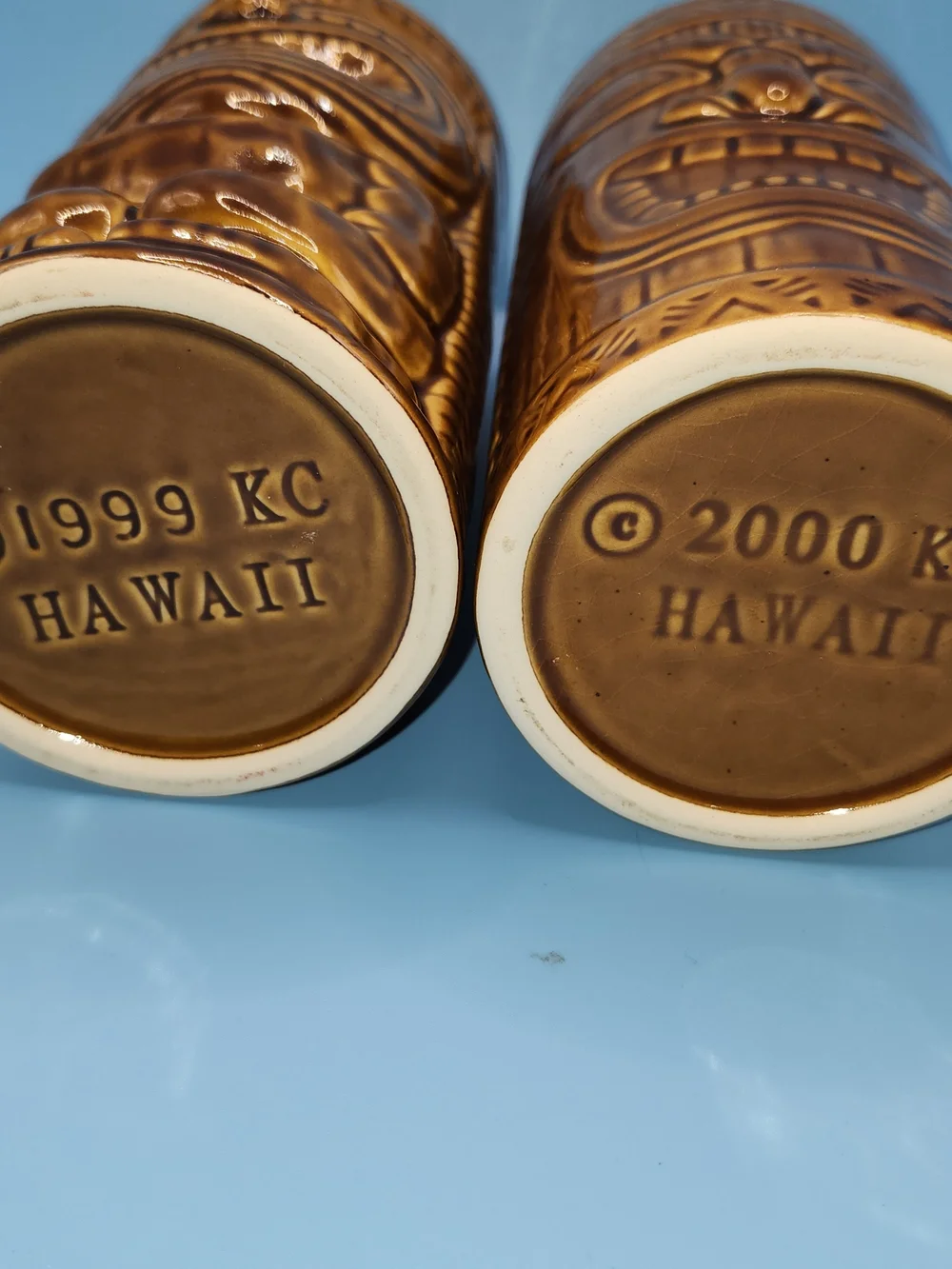 Vtg KC Hawaii Tiki Mugs Lot of 2 Brown Ceramic Barware Souvenir 1999 & 2000
